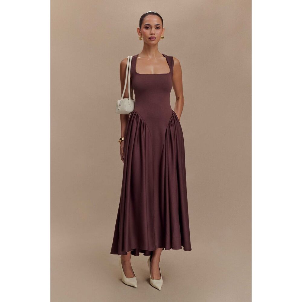 Square Neck Burgundy Maxi Dress - Women